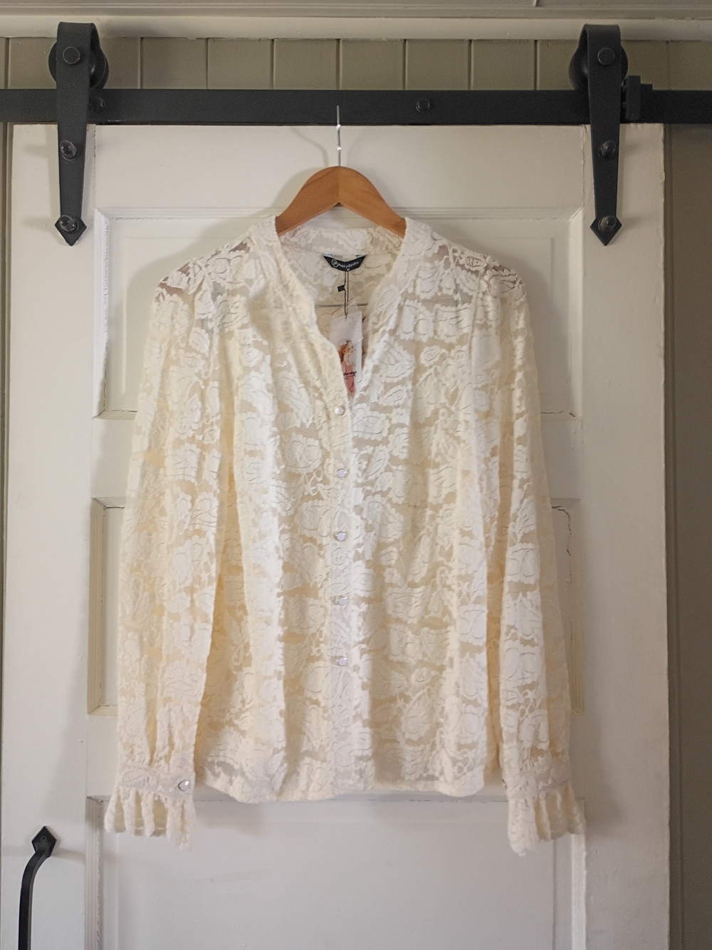 Lace Button-Front Long-Sleeve Blouse in Cream